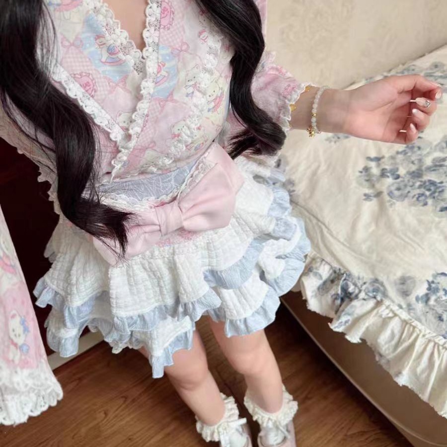 Japanese-Style Cute Girl Print Floral Top with Bow Waistband and Puffy Skirt Maid Three-Piece Set New Model