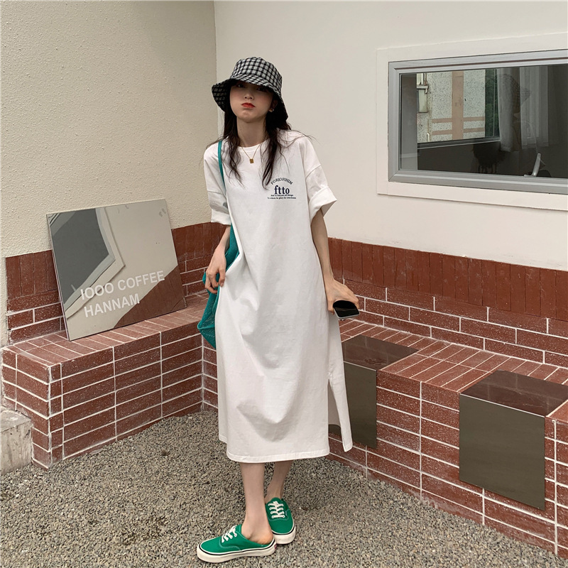 한국산 순면 원피스 플러스 사이즈 여성 여름 2026 뚱뚱한 여성용 루즈핏 캐주얼 슬릿 반팔 티셔츠 원피스 임산부 롱 원피스