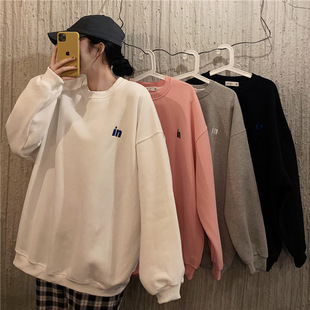 Autumn and Winter Loose fleece-lined Round Neck Sweat Women's Letter Embroidered Simple All-match Age-reducing Student Long-sleeved Top
