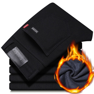 Winter black jeans men's fleece-lined thick straight loose trousers autumn and winter casual cotton warm pants
