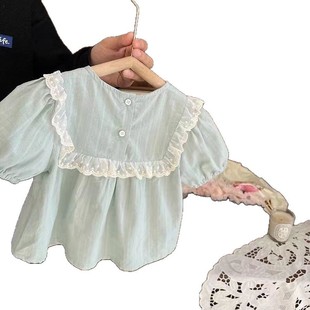 Baby Girl's Thin Breathable Shirt Short Sleeve Skin-Friendly Cotton Summer Girl's Sweet Lace Embroidered Doll Shirt Top