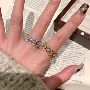 Middle Ancient Palace Style Wire-drawing Rhombus Hollow-out Zircon Lace Ring Women's Retro Niche Design High-grade Ring