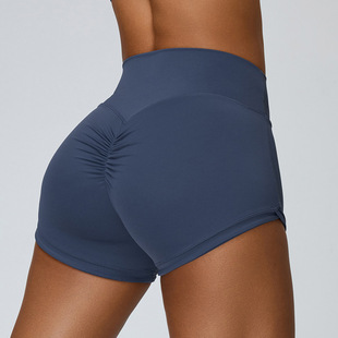 European and American Peach Hip lifting yoga shorts women's high waist pleated tight fitness shorts quick-drying three-point sports shorts