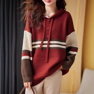 European Station Contrast Thickened Hooded Sweater Women's Autumn and Winter 2024 New European Loose Western Style Age-reducing Knitted Top