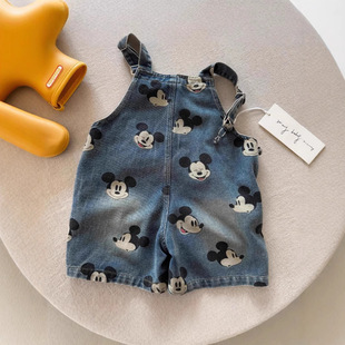 New Children's Cartoon Denim Printed Sleeveless Sling Shorts for Summer 2025 Thin Denim Strap Shorts Trendy
