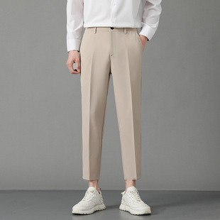 Cropped Small Trousers Men's 2024 New Ice Silk Casual Pants Summer Thin Slim-fit Small Foot Business Dress Men's Pants