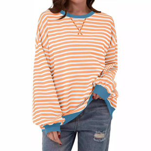 Autumn and Winter 2024 Amazon TIKTOK Independent Station Imitation Cotton European and American Cross-border Women's Loose Casual Stripe T-Shirt for Women