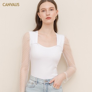 CANVAUS, новая модная короткая женская однотонная сетчатая хлопковая Базовая рубашка с квадратным воротником и пышными рукавами для женщин
