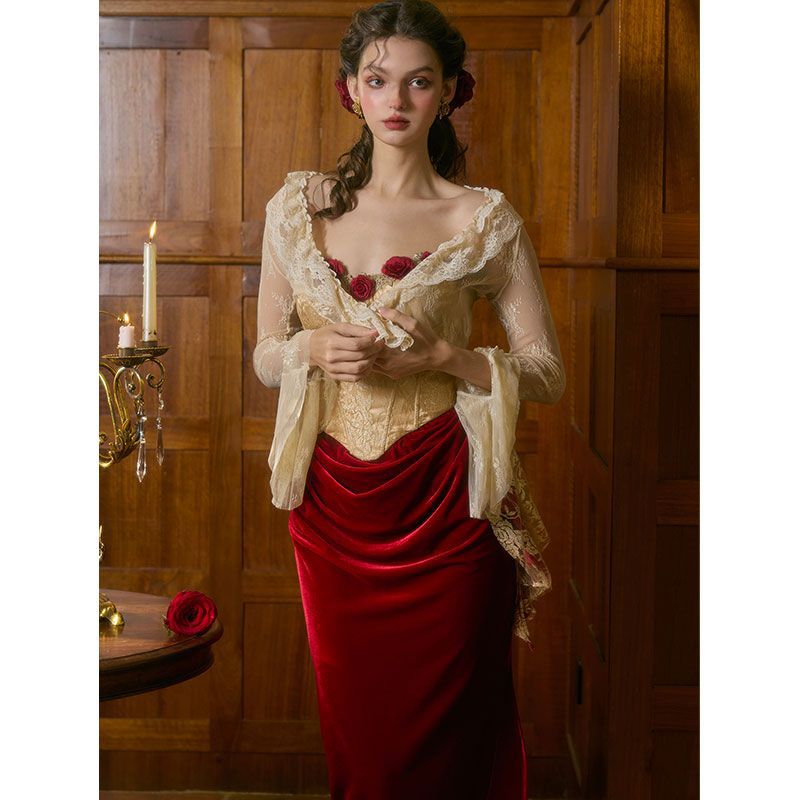 Spanish Wild Rose French Retro Romantic Tube Top Red Dress Toast Dress for Women Autumn and Winter
