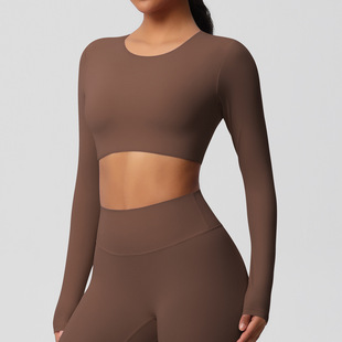 Europe and the United States cross-border double-sided sanding fitness clothing tight long sleeve yoga clothing Pilates running sports long sleeve top women