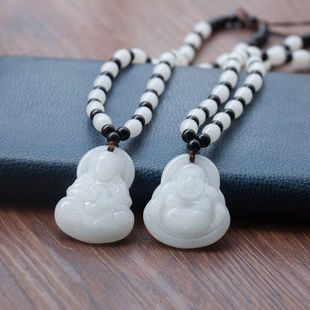 Pure White Jade GuanYin Jade Buddha safe men and women jade pendant couple necklace full jade beads beautiful elegant pendant