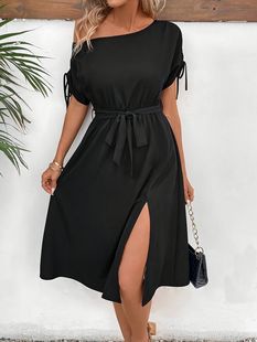 5081 in stock foreign trade goods source spring and summer women's elegant fashion solid color short sleeve dress