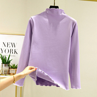 Women's double-sided velvet warm clothes winter fleece-lined long-sleeved T-shirt Western style all-match autumn clothes with flying high collar bottoming shirt