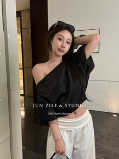 Guangzhou Thirteen Lines Korean Style Temperament High-end Style Shoulder Top Satin Short Shoulder Short-sleeved Shirt Summer Women's Wear