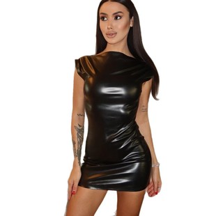 European and American style elegant fashion PU leather stitching sexy sleeveless zipper waist slimming hip short dress