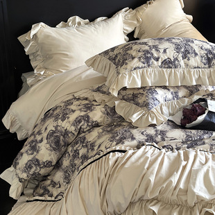 Vintage Dry Rose Printed Satin Sanding Autumn and Winter New Arrival Fillet Wedge Bed Sheet Household Bed Hat Four-piece Set