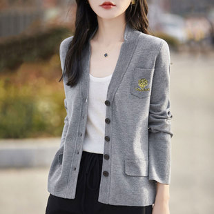 Spring Knitted Suit Collar Cardigan Jacket for Women V Neck Embroidered Pure Color Long-sleeved Loose Top Slimming Look Thin Cardigan