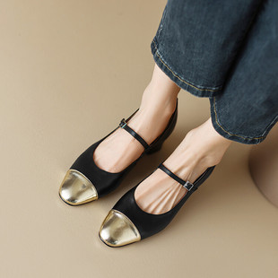 Color Matching Vintage Mary Jane Shoes Women's 2023 New Girl's Round Toe One-character Buckle Strap Elegant Chunky Heel High-heeled Shoes