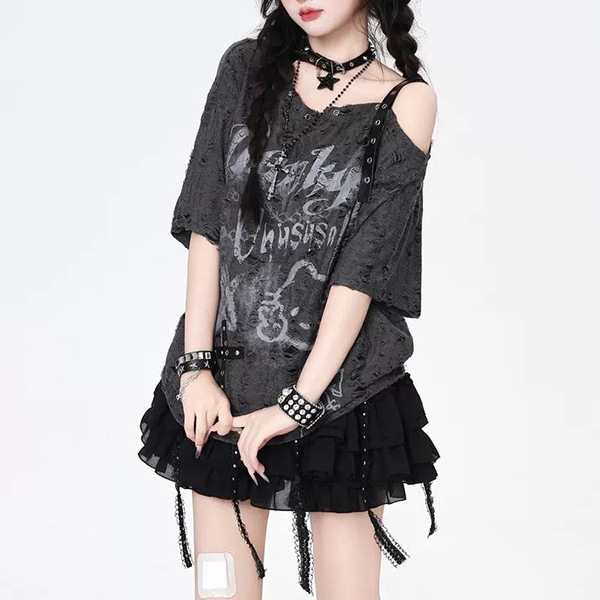 American-Style Ripped Printed Off-Shoulder Sweet and Spicy Street Top Trendy Design Asymmetrical Shoulder Loose Versatile Short-Sleeve T-Shirt for Women Summer
