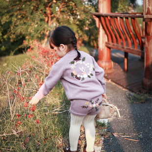 ins style cute handmade rabbit embroidered girls' sweater autumn and winter knitted cardigan shorts suit JW