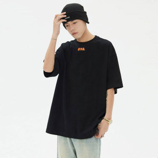 STA flame small letter navy blue cotton short-sleeved T-shirt men's and women's American retro couple loose casual top clothes