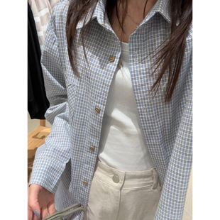 Akiu's Shop Retro Blue Cotton Plaid Shirt 2025 Spring New Shirt Loose Design Long Sleeve Top