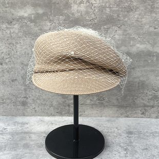 Elegant mesh Pearl beret newsboy hat C4 pleated peaked cap female summer sun protection straw hat niche equestrian hat