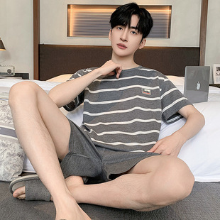 Knitted Cotton Pajamas Men's Summer Thin Short-sleeved Shorts Suit Simple Casual Outwear Young and Middle-aged Home Clothes