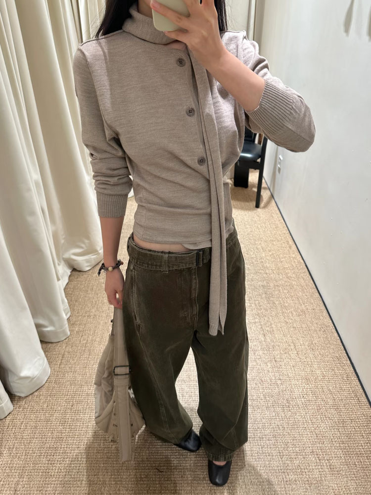 In-Stock Asymmetrical Multi-Wear Button Twist Pleated Knit Cardigan with Moss Green Scimitar Denim Pants for Women