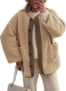 Amazon 2024 Women's Warm Winter Coat Collarless Casual Long Sleeve Button Plush Lambskin Jacket Coat