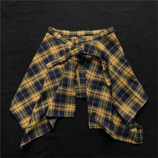 This year's popular color yellow plaid fart curtain women's one-piece lace-up yellow plaid hidden meat men's hem men's shirt