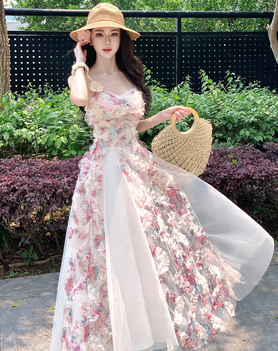 Super Stylish and Unique Beautiful Outfit for Women, Summer Beach Vacation Spaghetti Strap Dress, Beach Vacation Patchwork Mesh Skirt