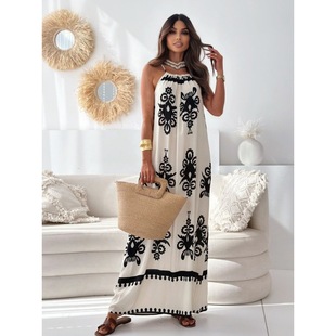 Aliexpress Amazon 2024 Summer New Women's Positioning Flower Print Suspender Long Skirt Holiday Beach Dress