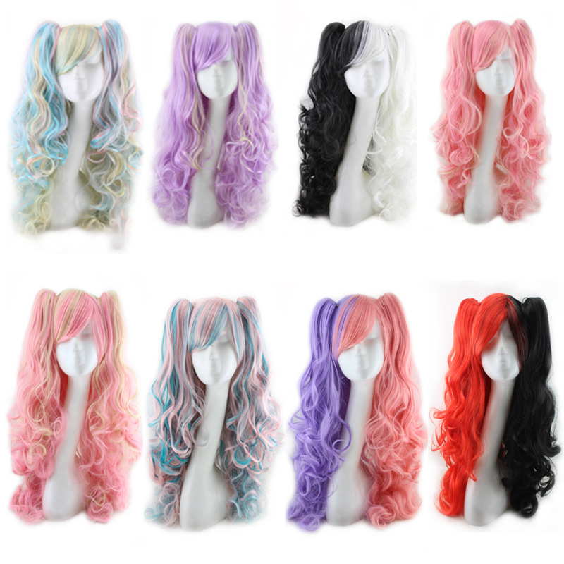 Lolita Stage Grab Clip Double Ponytail Wig Bangs Long Roll Universal COS Wig Headgear Color Gradient European and American