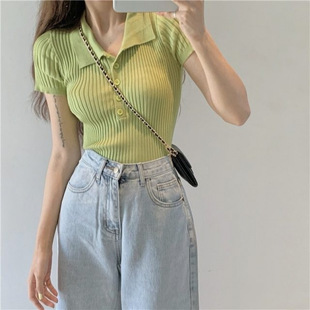White Top Women's Short Collar Short-Sleeve Shirt Summer French Hot Mom plus size Slim-Fit Knitwear