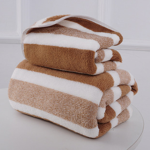 Cross-border Bath Towel Wrapping Towel Thickened Extra Large Absorbent Face Wash Household Wide Stripe Coral Fleece Towel Bath Towel suit Wholesale