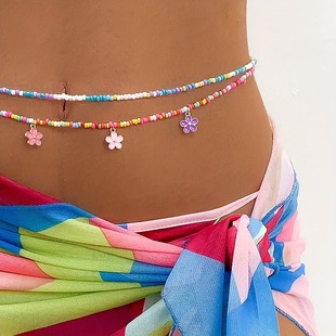 European and American Cross-border Summer Sexual Beach Bohemian Handmade Beaded Color Double-layer Flower Body Chain Small Man Waist