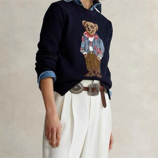 Pony ~ autumn and winter New Women's Classic embroidered bear round neck cotton loose all-match sweater