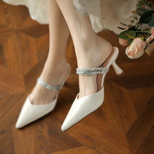 2022 New Korean Sandals Women's Summer Baotou Two-Piece Stiletto Heel Pointed High Heels Rhinestone Slippers for Outer Wear
