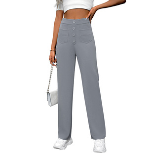 Cross-border European and American Foreign Trade Spring and Autumn New Women's High Waist Pocket Wide Leg Button Casual Loose Straight Pants Trousers