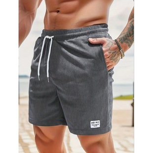 2025 Amazon Summer Solid Color Lace-up Sports Pants Corduroy Simple Shorts Men Shorts Casual Pants