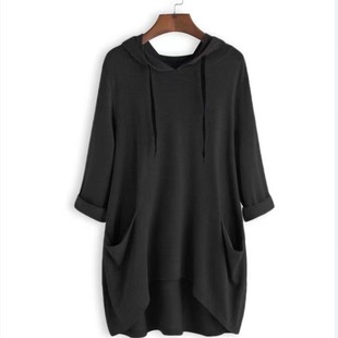 AliExpress wish весна и осень новый EBAY женский с капюшоном сплошной цвет свободная футболка нерегулярный карманный топ