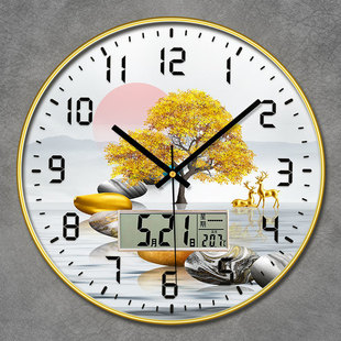 Y9Q New Chinoiserie Clock Wall Clock Living Room Home Fashion Clock Wall Hanging Modern Simple Perpetual Calendar Digital Quartz