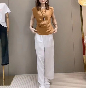 24623 Big Aimei Yiyuan 2024 Summer New Fashion Tight Waist Sleeveless Top High Waist Wide Leg Trousers Women's Clothing