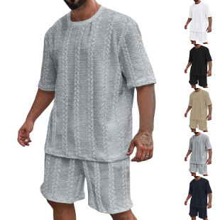 European and American Cross-border Amazon Solid Color Jacquard Summer Casual Crewneck Pullover Short Sleeve Shorts Sports Men's suit Men