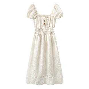 2025 Summer New Women's Drawstring Lace Square Collar Bubble Sleeve Short Sleeve A- line dress Tea Break Skirt 3J2O436