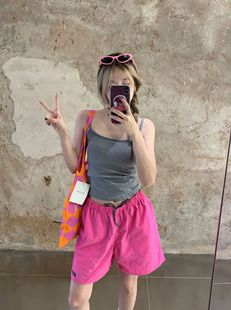 Pink Quick-drying Casual Shorts Women's Summer American Style Retro Drawstring High Waist Wide-leg Pants Loose Straight Pants