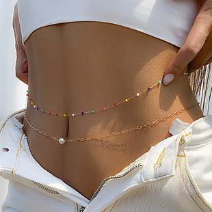 European and American Cross-border Jewelry Creative Cross Thin Chain Body Chain Simple Color Imitation Crystal Imitation Pearl Double Waist Chain