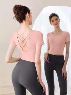 Cross-border Naked Fitness Yoga Clothing Long-sleeved Sports Short-sleeved Top Short Quick-drying Running Tight with Chest Pad for Women
