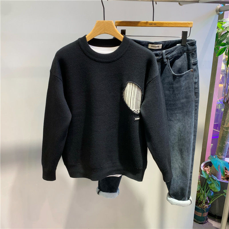 2024 New Autumn and Winter New Round Neck Color-Blocked Stripesd Sweater Loose Pullover Fashionable Knitted Men's Clothing